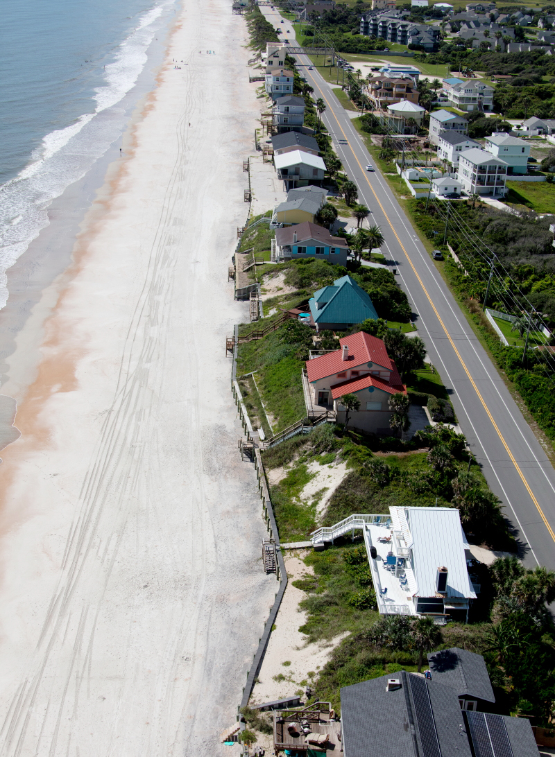 St. Johns County shoreline with Highway A1A. The Jacksonville District announced the award of a $15 million contract July 7, 2020, to execute a coastal storm risk management project to reinforce critically eroded sections of beach front.